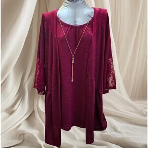 Studio Works Women's Lace Detail Wine Glace Cardigan & Necklace Set - Size 1X
